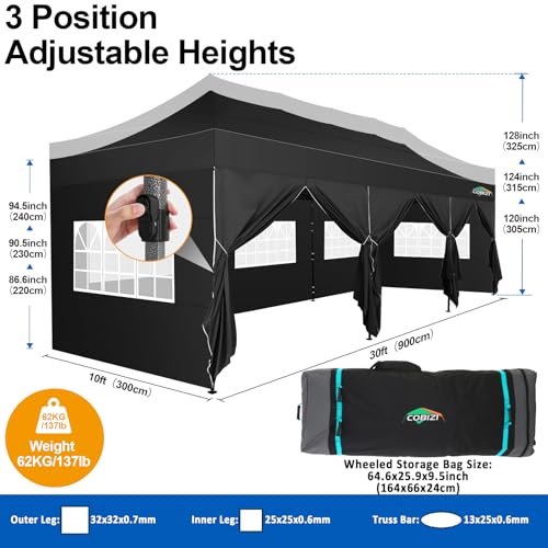 COBIZI 10x30 Pop up Canopy Tent 10x30 Canopy with 8 Sidewalls Waterproof Heavy Duty Commercial Canopy Tent for Parties Outdoor Tent Garden Gazebo Tent, Carry Bag with Wheel(10x30ft,Black)