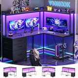VIGKOOK L Shaped Gaming Desk with Shelves, Reversible Computer Desk with Power Outlet & LED Lights, Home Office Desks Writing Desk with 3 Drawers Monitor Stand Storage Hutch (Grey) VIGKOOK