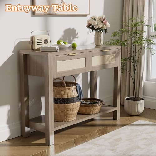 YUUIJOAA Boho Chic Console Table with 2 Rattan Drawers and Open Shelf Storage, Narrow Farmhouse Sofa Table for Small Space Entryway, Living Room,Hallway, Caramel Oak YUUIJOAA