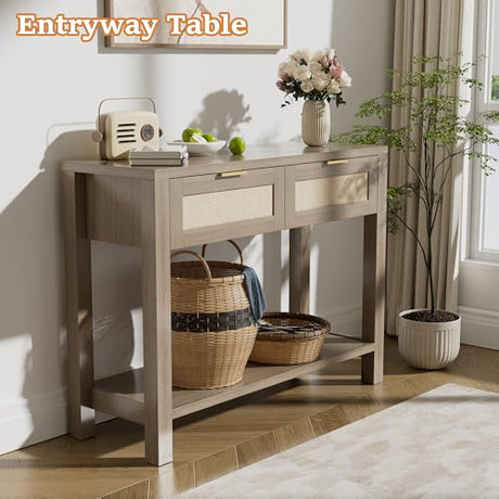 YUUIJOAA Boho Chic Console Table with 2 Rattan Drawers and Open Shelf Storage, Narrow Farmhouse Sofa Table for Small Space Entryway, Living Room,Hallway, Caramel Oak YUUIJOAA
