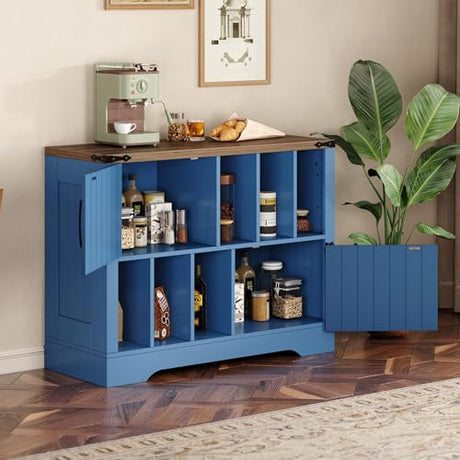 BouPower 39" Large Vinyl Record Player Stand with Vinyl Storage, Farmhouse Wood Turntable Record Player Stand with Storage Cabinet and 2 Barn Doors to 450 Albums for Living Room Bedroom, Navy Blue BouPower