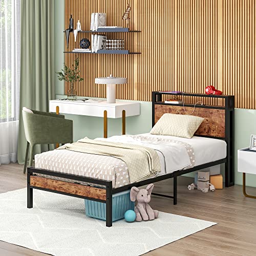 HOJINLINERO Twin Bed Frame with Storage Headboard/USB Charging Station,Single Platform Bed Frame Twin Size No Box Spring Needed,Strong Steel Slats Support,Bedroom Furniture,Rustic Brown HOJINLINERO