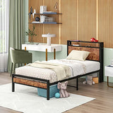 HOJINLINERO Twin Bed Frame with Storage Headboard/USB Charging Station,Single Platform Bed Frame Twin Size No Box Spring Needed,Strong Steel Slats Support,Bedroom Furniture,Rustic Brown HOJINLINERO
