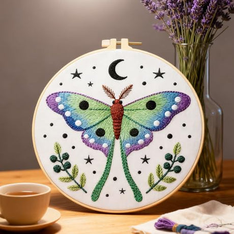BEUNITONE 6 Set Moth Embroidery Kit for Adults Beginners, DIY Needlepoint Craft Kits with Instructions and Hoops, Complete Starter Set for Adults, Funny Hand Embroidery for Fabric and Home Decor BEUNITONE