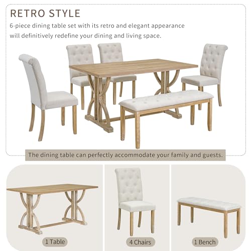 Merax 6-Piece Retro Rectangular Dining Table Set, Table with Unique Legs and 4 Upholstered Chairs & 1 Bench for Dining Room and Kitchen, Natural Wood Wash Merax