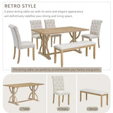 Merax 6-Piece Retro Rectangular Dining Table Set, Table with Unique Legs and 4 Upholstered Chairs & 1 Bench for Dining Room and Kitchen, Natural Wood Wash Merax