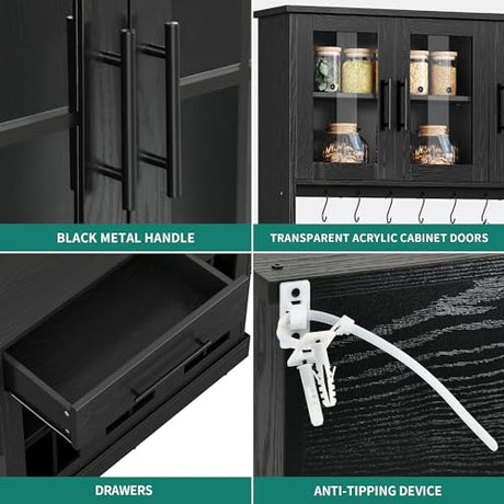 YITAHOME 71'' Kitchen Pantry Storage Cabinet with Microwave Stand, Tall Freestanding Hutch Cabinet with Power Outlet, Pantry Cabinet with Buffet Cupboard, Drawers and Acrylic Doors for Home, Black YITAHOME