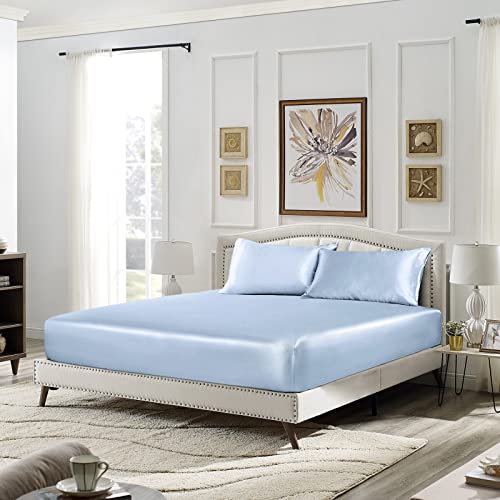 SiinvdaBZX 3-Piece Set Satin Full Fitted Sheet & 2 Pillowcase, Baby Blue Silky Soft Fitted Bottom Sheet, Wrinkle Free, Fade Resistant, Deep Pocket Bed Sheet (Deep Up to 15") SiinvdaBZX