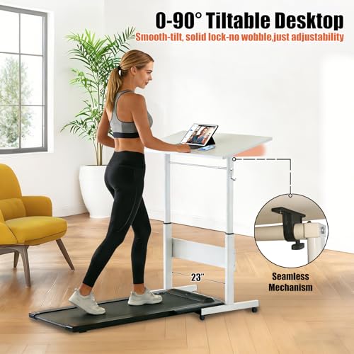 Hand Crank Small Standing Desk, Adjustable Height 27.76-40", Tiltable Tabletop with Wheels, Portable Laptop Computer Table, Rolling Podium Mobile Stand Up Desk for Walking Pad Treadmill, Home Office huacz
