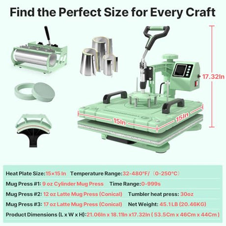 Slendor 8 in 1 Heat Press Machine 15x15 inch 360-Degree Swing Away Digital T Shirt Pressing Machine Multifunction Heat Transfer Sublimation Combo for T Shirts Mugs Hat Plate Cap, Green Slendor