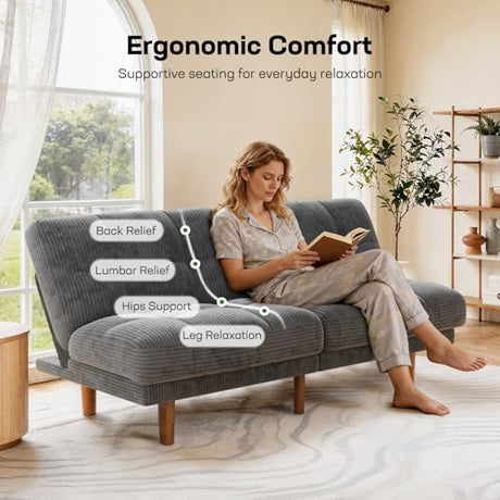 Marsail 65" Futon Sofa Bed, Convertible Small Recliner Sleeper Sofa Bed with Adjustable Backrest, Corduroy Loveseat Futon Couch for Small Apartments, Living Room Office, Guest Room (Grey) Marsail