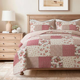 SLPR Country Roses Patchwork Cotton Pieced Quilt Set - Twin Size with 1 Sham, French Country Style Floral Bedding, Red Rose Farmhouse Quilted Bedspread with Flower Pattern SLPR