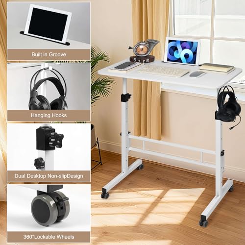 ADQZYWT Adjustable Standing Desk with Wheels, Portable Rolling Walking Pad Desk, Small Laptop Table for Home Office, Sit Stand Up Workstation, Size 15.7"x 31.5" White ADQZYWT