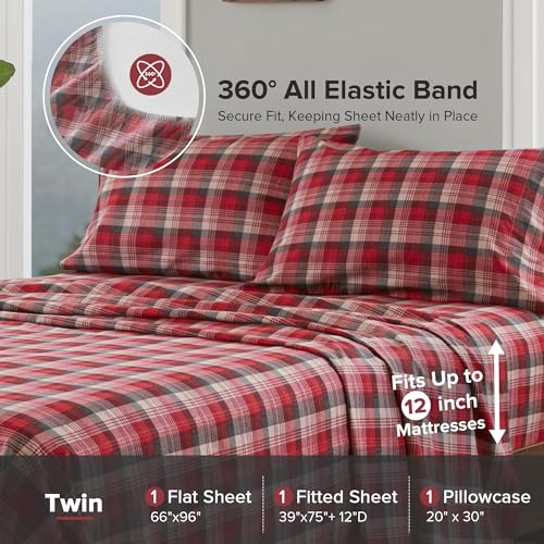 Woolrich Cotton Sheet Set Cottage Charms Print, 100% Cotton Flannel Sheets Warm & Fuzzy Bedding Set Twin Size Sheets, Fitted Pocket Fits Up to 12" Mattress, Twin Red Plaid 3 Piece Woolrich John Rich & Bros.