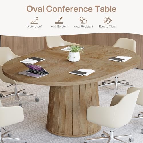 Tribesigns Oval Conference Table, 55.11 Inches Wood Meeting Table for 6 People, Rustic Meeting Seminar Boardroom Table with Wood Base for Office Conference Room (Light Brown) Tribesigns