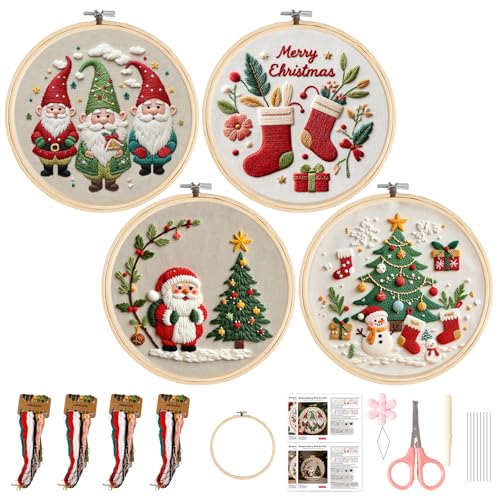 TUIFOQU Christmas Embroidery Kit, 4 Pack Beginner Embroidery Kit for Adults, Including Pattern, Needles, Cotton Threads and Instructions