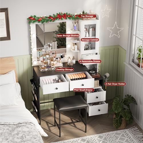 YIKEHOME 39" W Vanity Desk with Mirror, Makeup Vanity Set with Power Outlet and Comfortable Bench, Big Dressing Table with Lights Mirror and Drawers for Makeup, Modern Vanity for Bedroom Black YIKEHOME