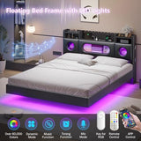 Dnxao Floating Bed Frame Queen with Headboard, Upholstered Platform Queen Bed Frame with Storage, LED Lights and Charging Station, Noise Free, No Box Spring Needed,Quick Setup System,PU Black Dnxao