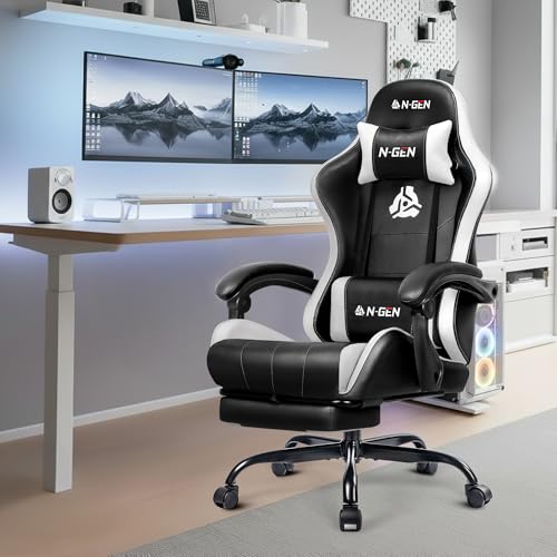 N-GEN GAMING Video Gaming Chair with Footrest Lumbar Support for Home Office High Back Recliner Height Adjustable Ergonomic Comfy Leather Computer Desk Chair (White) N-GEN GAMING