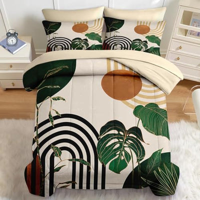 Nesker Comforter Set Queen Size, Modern Abstract Geometric Minimalist 7 Pcs Bedding for Kids and Adults, Green Boho Mid Century Bed Sheet Sets with Fitted Sheet 2 Pillowcases & 2 Shams