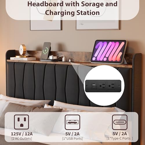 GarveeHome Floating Bed Frame Full with LED Lights & USB Charging Station – Modern Upholstered Platform Bed with Headboard, Solid Wood Slats Support, No Box Spring, Easy Assembly, Noise-Free, Black GarveeHome