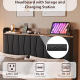 GarveeHome Floating Bed Frame Full with LED Lights & USB Charging Station – Modern Upholstered Platform Bed with Headboard, Solid Wood Slats Support, No Box Spring, Easy Assembly, Noise-Free, Black GarveeHome