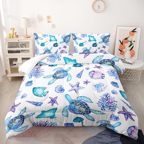 XYNHML Blue Sea Turtle Comforter 3Pcs Ocean Bedding Set Twin Coral Starfish Shell Fish Bedding Set for Kid Teen Girl Boy Adult Bed Decor Conch Manta Ray Quilt with 1 Comforter and 2 Pillowcases XYNHML