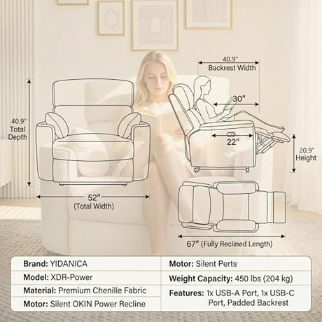 450lbs Oversized Power Recliner Chair for Big and Tall Adults, 52" Extra Wide Electric Recliner with USB & Type-C Ports, Chenille Fabric Single Sofa Chair for Living Room & Bedroom, Beige YI DANICA