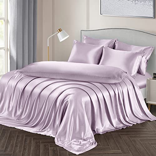 Ersmak 4 Pieces Satin Sheets Set Twin Size, Luxury Silky Lavender Satin Bed Sheets Set with 1 Deep Pocket Fitted Sheet, 1 Soft Flat Sheet, 1 Queen Pillowcases and 1 Body Pillowcase Ersmak