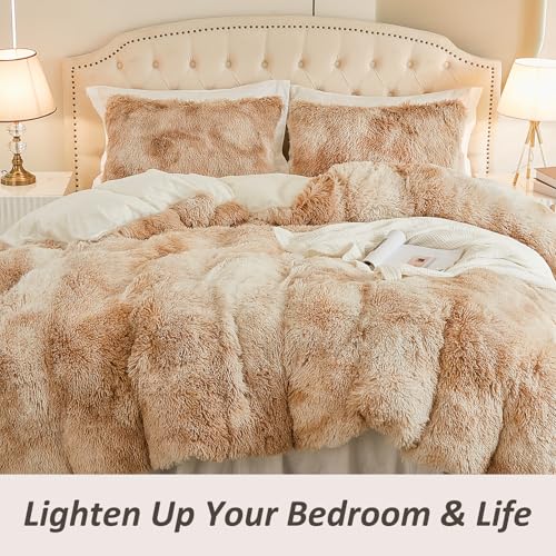 EMME Luxury Khaki Fuzzy Duvet Cover Set Twin Size Fluffy Comforter Cover Set 2 Pieces Shaggy and Plush Soft Bedding Duvet Covers (Tie Dye Khaki, Twin) EMME