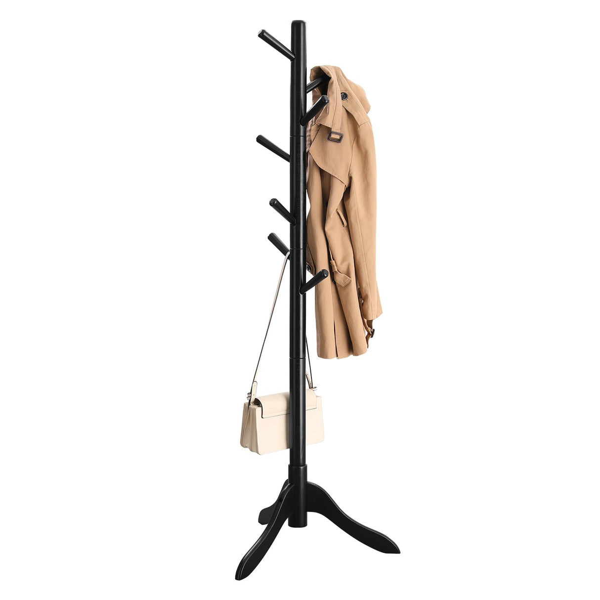 VASAGLE Solid Wood Coat Rack, Free Standing Coat Rack, Tree-Shaped Coat Rack with 8 Hooks, 3 Height Options, for Clothes, Hats, Bags, for Living Room, Bedroom, Home Office, Black URCR001B01 VASAGLE