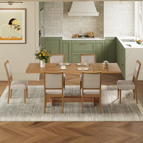 Merax 82'' 7-Piece Rustic Extendable Dining Table Set, Trestle Kitchen Table with 6 Upholstered Chairs and Two 12'' Removable Leaves, Solid Rubber Wood Farmhouse Dining Set, Natural+Beige Merax