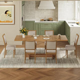 Merax 82'' 7-Piece Rustic Extendable Dining Table Set, Trestle Kitchen Table with 6 Upholstered Chairs and Two 12'' Removable Leaves, Solid Rubber Wood Farmhouse Dining Set, Natural+Beige Merax