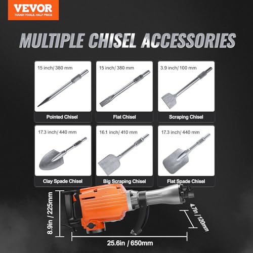 VEVOR Demolition Jack Hammer, MAX 2200W Electric Jackhammer Heavy Duty, 1350 BPM Concrete Breaker, 6pcs Chisels Bit Chipping with Case VEVOR