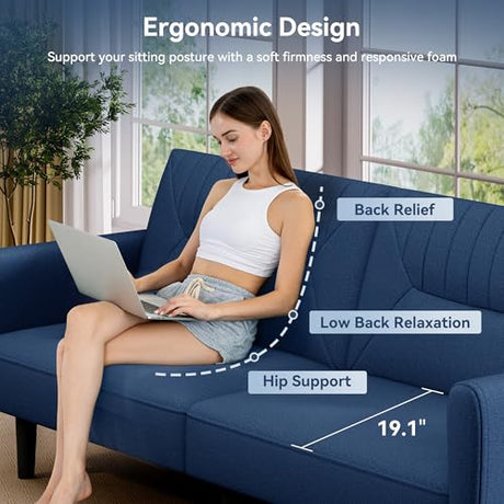 AMICLIBER Futon Sofa Bed,75.8" Linen Fabric Comfy Futon Couch Bed,3 Seater Convertible Sleeper Sofa with Adjustable Backrests,Modern Folding Loveseat for Living Room,Office,Apartment,Bedroom,Blue AMICLIBER