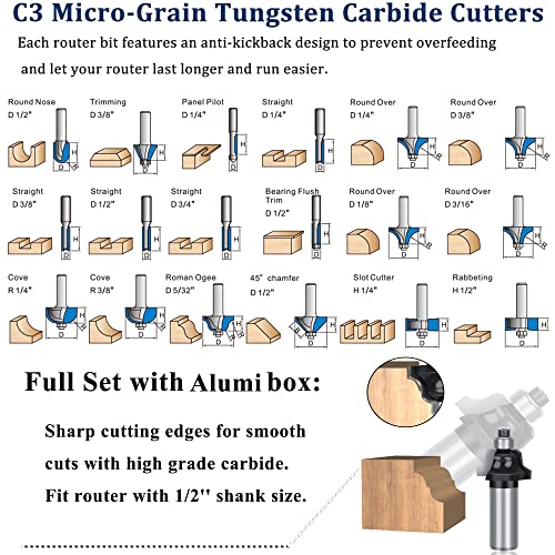 TAIWAIN Router Bit 1/2 Inch Shank Router Bits Tool Set 43 Pack Adjustable Wood Panel Drawer Door Milling Cutter, Miter Bit for Router Table/Base Router(F-45 Degree) - WoodArtSupply