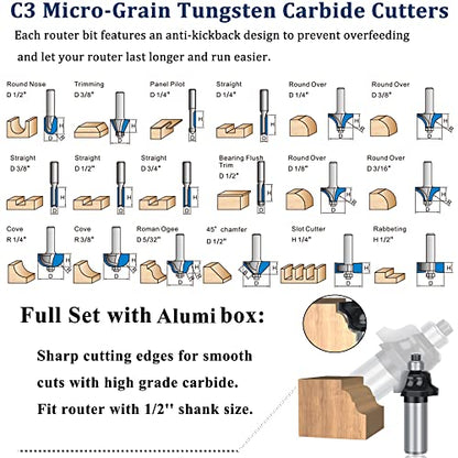 TAIWAIN Router Bit 1/2 Inch Shank Router Bits Tool Set 43 Pack Adjustable Wood Panel Drawer Door Milling Cutter, Miter Bit for Router Table/Base Router(F-45 Degree) - WoodArtSupply