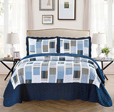 Fancy Collection 3pc Bedspread Bed Cover Over Size New (Full/Queen, Navy Blue Stripes Squares Plaid) Fancy Linen
