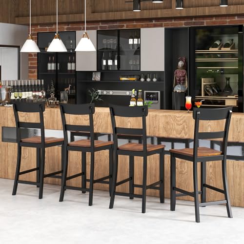 Giantex Farmhouse Wooden Bar Stools Set of 4 - 24.5" Counter Height Dining Chairs in Black