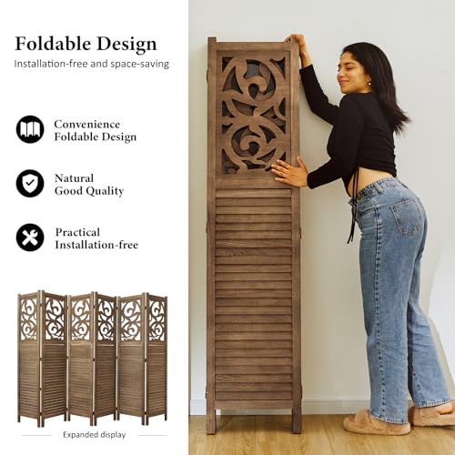 Room Divider Wood Carved Wall Divider Indoor Folding Portable Partition Screen for Home Office Garden Terrace - 6 Panel, 67 * 90inch (Dark Brown) Svimi