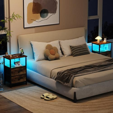 LOAKEKEL Nightstand with Charging Station, End Table with 2 Fabric Drawers, LED Night Stand for Bedroom, Small Bed Side Table with USB Ports and Outlets for Living Room, Brown, HETS02BR-1 LOAKEKEL