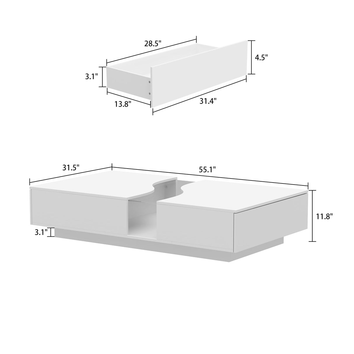 ECACAD Modern Coffee Table with 2 Drawers & Tempered Glass Top, Tea Table with LED Lights & Remote Control, Rectangular Center Table for Living Room & Reception Room, White 31.5”D x 55.1”W x 11.8”H ECACAD