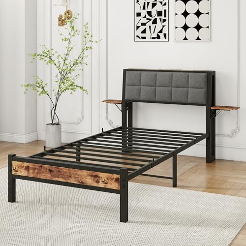 JUISSANO Twin Bed Frame with Wood Storage Headboard/USB Charging Station,Heavy Duty Metal Platform Bed Frames Twin Size No Box Spring Needed,Removable Bedside Shelf,Black and Rustic Brown JUISSANO