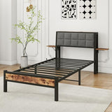 JUISSANO Twin Bed Frame with Wood Storage Headboard/USB Charging Station,Heavy Duty Metal Platform Bed Frames Twin Size No Box Spring Needed,Removable Bedside Shelf,Black and Rustic Brown JUISSANO