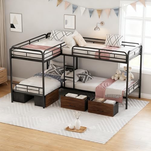 KMBOHE Twin L-Shaped Quad Bunk Bed with Storage Drawers, for 4 Kids/Teens/Adults, Heavy-Duty Metal Corner Bed with Ladder and Full-Length Guardrail, Space Saving Design, No Box Spring Needed, Black KMBOHE
