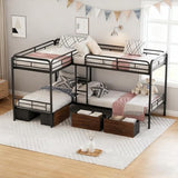 KMBOHE Twin L-Shaped Quad Bunk Bed with Storage Drawers, for 4 Kids/Teens/Adults, Heavy-Duty Metal Corner Bed with Ladder and Full-Length Guardrail, Space Saving Design, No Box Spring Needed, Black KMBOHE