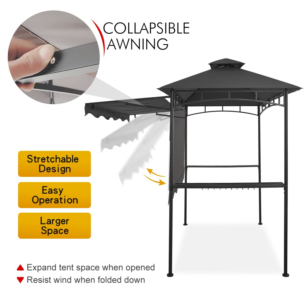 CHARMELEON Dark Grey Grill Gazebo, Double Tiered BBQ Gazebo, 5x8 Grill Canopy,Outdoor BBQ Canopy Tent with Stretchable Side Awning CHARMELEON