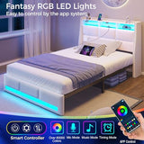 Rolanstar Twin Size Bed Frame with LED Lights and Charging Station, Upholstered Headboard with 2-Tier Storage Shelves, Heavy Duty Metal Frame, Noise-Free Support, Easy Assembly, No Box Spring Needed Rolanstar