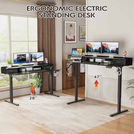 Furmax Electric Standing Desk with Drawers, Stand Up Desk with Storage Shelf Height Adjustable Computer Desk with Organizer for Home Office Ergonomic (Black, 55 Inch) Furmax