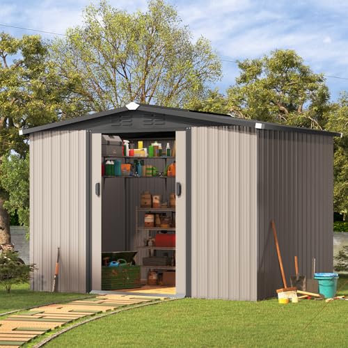 U-MAX 8 x 6 Ft Shed, Outdoor Storage Tool Shed (Sliding Door), Garden Metal Shed for Yard, Outdoor Storage Clearance in Grey - WoodArtSupply